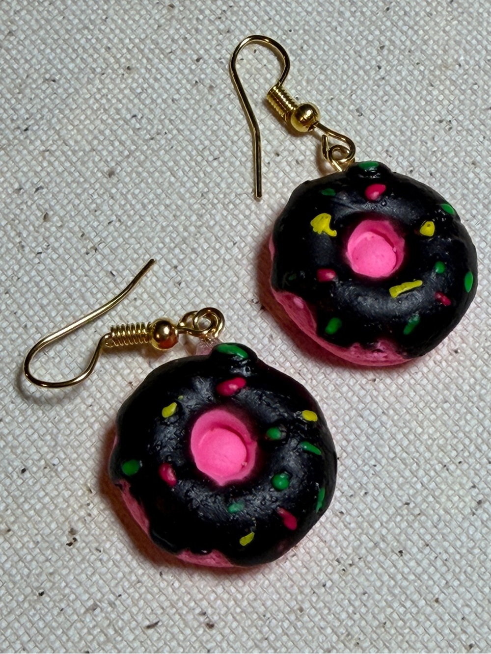 Donut Dangle Earrings — Black & Pink Sprinkle Design